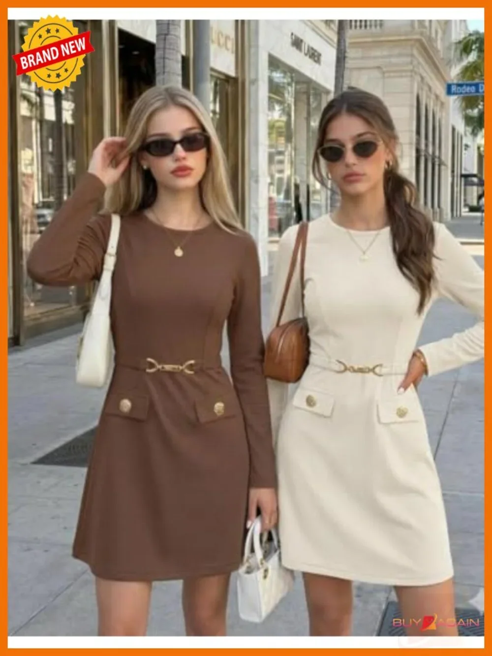 Womens Long Sleeve A-Line Mini Dress Belted Business Work Office